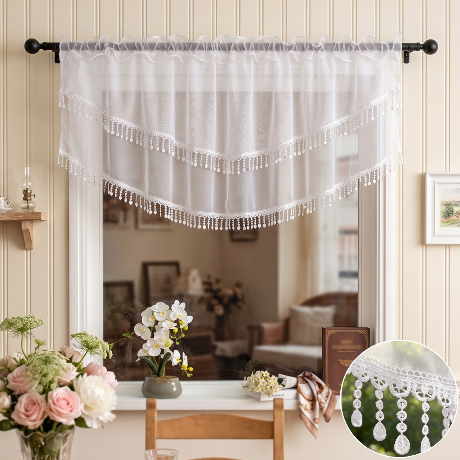 2PCS White Lace Beaded Tassel  - огляд і ціна Home Office Kitchen